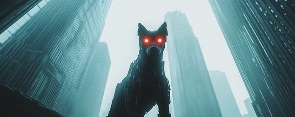 A futuristic robotic dog with glowing eyes standing amidst a cityscape of towering skyscrapers Cyberpunk sci fi film style