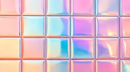 Wall Mural - grid of iridescent tiles reflecting a spectrum of colors, Each tile displays a unique blend of pastel hues and metallic sheen