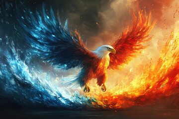 Sticker - A majestic eagle with fiery wings soaring above a swirling ocean of ice and fire