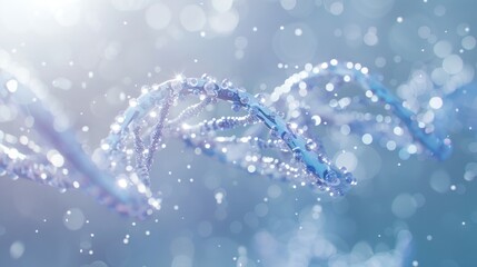 Abstract with a DNA double helix in a sparkling blue and purple color palette, against a soft blurred backdrop of volumetric lighting that creates a dreamy atmosphere.