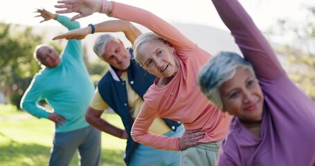 Canvas Print - Elderly, stretching arms or friends in park for fitness or body mobility in outdoor workout together. Group, start or senior people in warm up for training, exercise or retirement community in nature