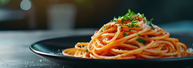 Tasty appetizing classic italian spaghetti pasta with tomato sauce,  tasty spaghetti, Italian cuisine, traditional pasta, spaghetti dish