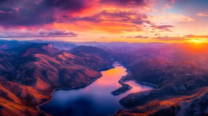 Wall Mural - A stunning sunset casts vibrant colors over a mountain range and serene lake, creating a captivating landscape filled with natural beauty