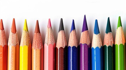 Wall Mural - Colored pencils in a row on a white background