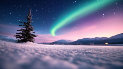 Canvas Print - A mesmerizing display of green, blue, and purple auroras dancing across the night sky, illuminating a snowy landscape.