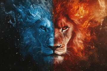 Poster - Lion's Face Divided by Fire and Ice