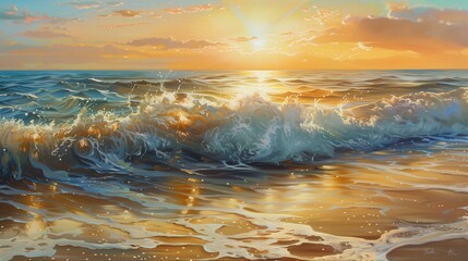 Wall Mural - A stunning painting on the surface of glass of a serene beach scene with gentle waves and a beautiful sunset.
