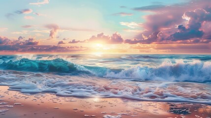 Wall Mural - A stunning painting on the surface of glass of a serene beach scene with gentle waves and a beautiful sunset.
