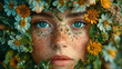 © StockShop - Eco-friendly Themed Surrealist Portrait of Woman with Flower Crown and Blue Eyes in Botanical Setting