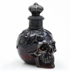 A potion bottle with a skull, witchcraft element, gothic design, dark colors, isolated on white background