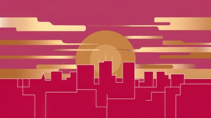 Wall Mural - a red and gold cityscape with a sun in the background, ai