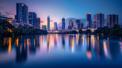 Poster - Captivating Skyline of Glowing City Reflected in Serene River at Twilight