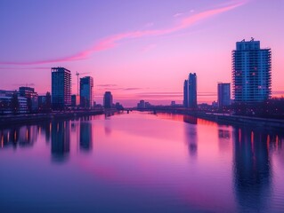 Sticker - Serene City Skyline at Vibrant Dawn with Calm River Reflection