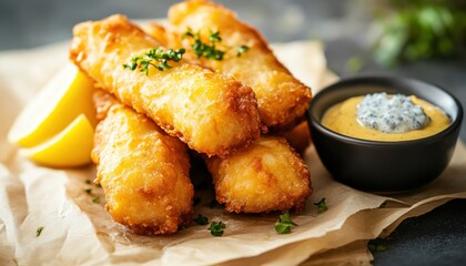 Poster - Next to a delicious plate of golden fish and crispy chips, there is a bowl of dipping sauce