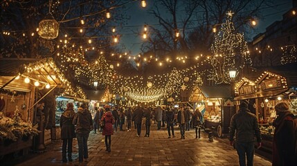 Poster - a group of people walking down a street covered in lights