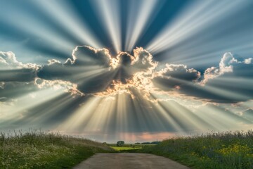 Poster - A sun rays shining through a cloud filled sky over the road, AI