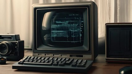 Vintage Computer Setup with Monitor, Keyboard, and Retro Camera on a Wooden Desk