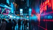 © AlfaSmart - A bustling stock exchange floor with a prominent candlestick chart displayed on a large screen in the background