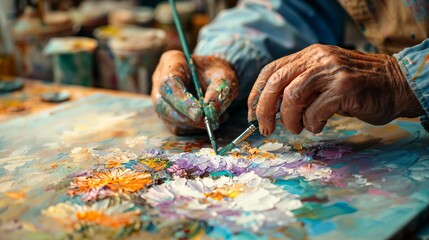 a person is painting flowers on a canvas