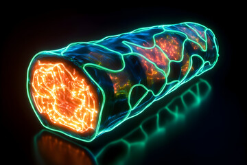 Wall Mural - Neon wireframe persimmon sushi roll isotated on black background.