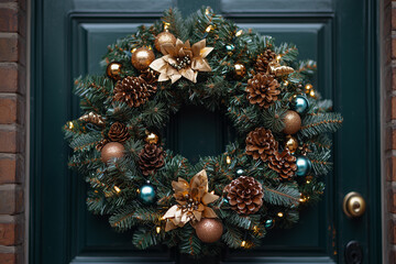 Canvas Print - A beautiful Christmas wreath adorned with ornaments, lights, and bows, hanging on a front door to create a festive and welcoming holiday atmosphere.