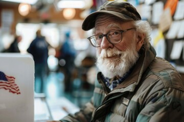 Senior US citizen at voting booth at polling station.