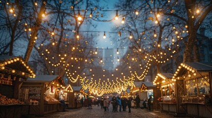 Poster - a group of people walking down a street covered in lights