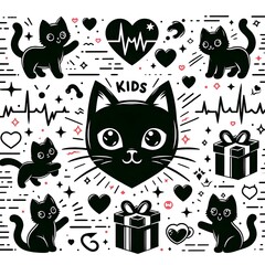 Wall Mural - Cute Black Cats with Hearts and Gifts for Kids