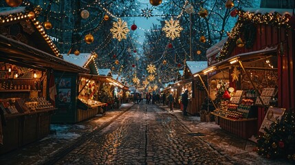 Poster - a street with a lot of christmas lights on it