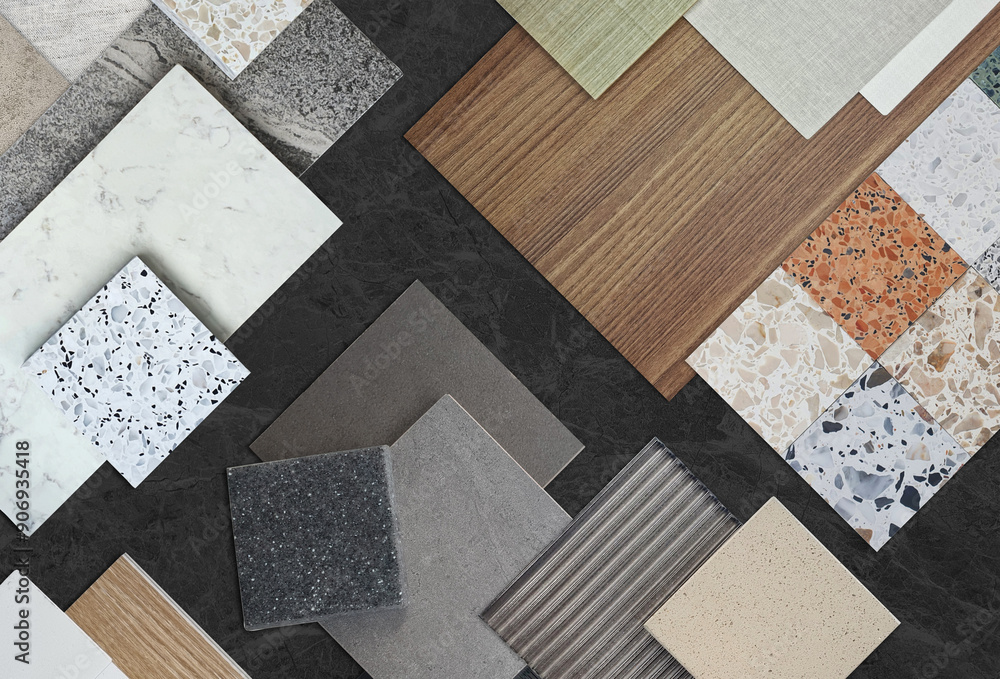 set of interior material sample in top view contains terrazzo stones ...