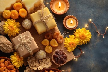 Festive Tabletop Arrangement with Gifts, Candles, and Dried Fruit