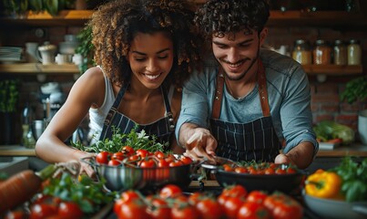 The beautiful couple is cooking vegetables at home in the kitchen.