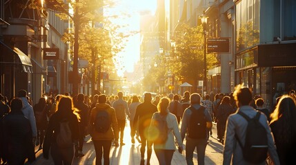 Bustling Urban Street Scene People Walking Golden Hour Sunlight Atmosphere City Life. AI Generated