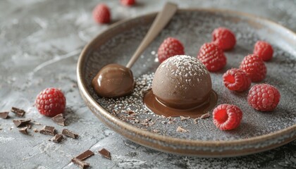 Wall Mural - a chocolate dessert with raspberries on a plate