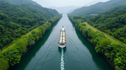 A large ship is traveling down a river