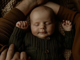 Wall Mural - A baby peacefully sleeping in someone's arms. AI.