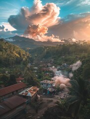 Poster - A village nestled in the mountains with a dramatic sky above. AI.