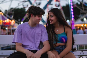 Canvas Print - A young couple sitting on a bench at an amusement park. AI.