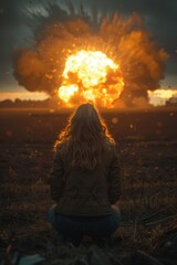 Canvas Print - A woman watches a large explosion in the distance. AI.