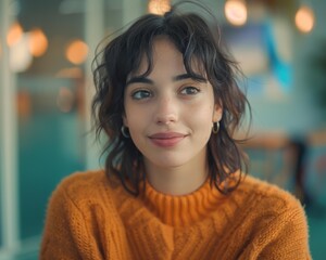 Wall Mural - A woman with dark brown hair and a warm smile. AI.