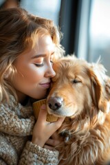 Wall Mural - A woman cuddling with her dog. AI.