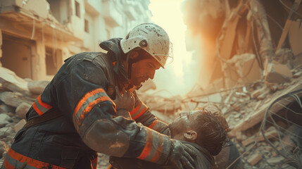 A firefighter helps a survivor out of the rubble. AI.