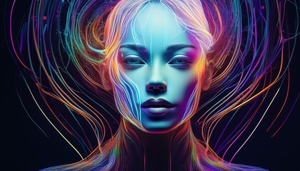 Wall Mural - Abstract portrait with glowing, colorful lines and a mysterious face.