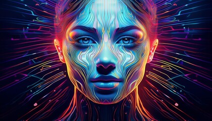 Abstract portrait with glowing, colorful lines and a mysterious face.