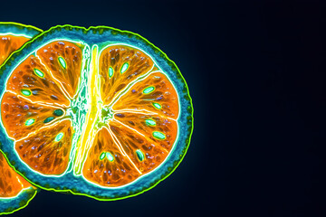 Wall Mural - Neon sliced kumquat isotated on black background.