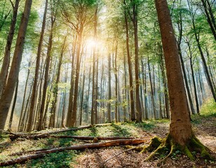 Wall Mural - spring forest trees. nature green wood sunlight backgrounds.