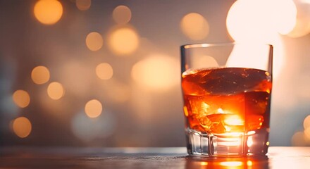 Wall Mural - Whiskey pours into glass with ice for cooling on bokeh background vertical format 4k animation