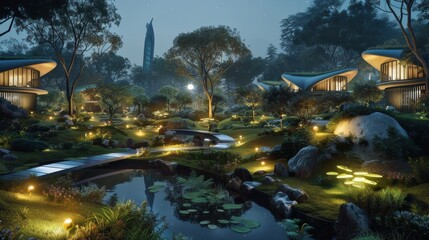 futuristic architecture in a lush garden at night.