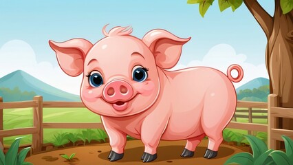 cute little pig with farm backgroud illustration