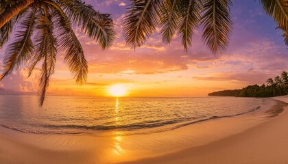 Summer island palm tree sea sand beach. Panoramic beach landscape. Inspire tropical nature seascape horizon. Orange golden sunset sky clouds. Tranquil shore relax beachfront resort. Vacation travel